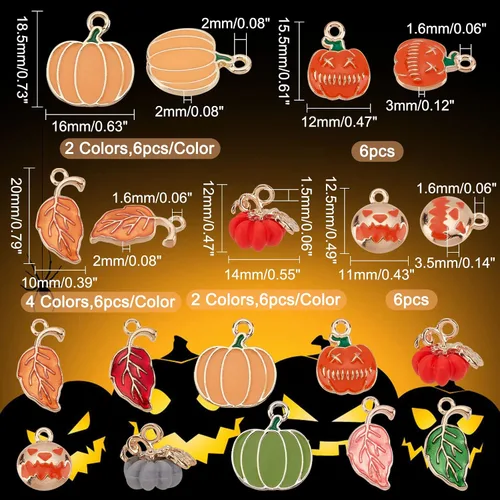 Vista 5 de PH PandaHall 60 dijes de calabaza de 10 estilos, colgantes de calabaza de Halloween 3D, dijes de hojas de verduras de aleación, colgantes de metal