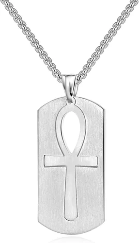 Vista 2 de godcow para hombre colgante de acero inoxidable religioso egipcio Ankh Cruz Dog Tag Vintage collar, cadena de 22inch, acero inoxidable, Plateado