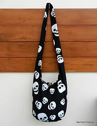Vista 4 de BTP! - Bolso bandolera de algodón tailandés con diseño de calavera, punk rock, hippie, hobo, negro, (Black SKS5)