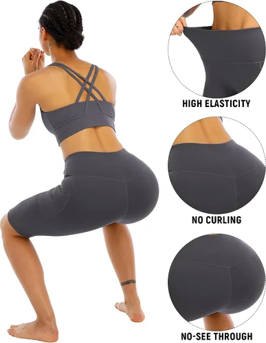Vista 4 de WHOUARE Paquete de 4 pantalones cortos de yoga con bolsillos para mujer, cintura alta, atléticos, correr, entrenamiento, gimnasio, control de abdomen