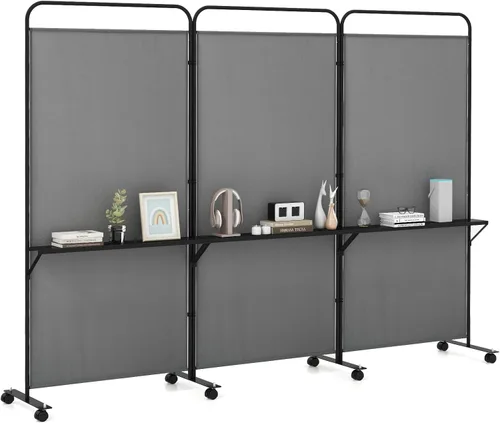 Vista 10 de GOFLAME Divisor de habitación de 3 paneles con estantes de almacenamiento, pantalla de privacidad plegable de 6 pies con ruedas bloqueables, divisor