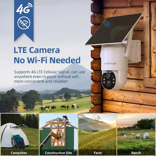 Vista 2 de Cámara de seguridad celular 4G LTE, cámara de seguridad sin WiFi, cámara solar de 2.5K para exteriores inalámbrica, vista en vivo de 360°, foco