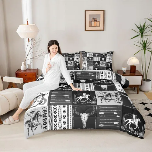 Vista 2 de Manfei Juego de edredón de vaquero occidental tamaño individual, juego de ropa de cama con estampado de calavera de toro, caballo y flecha, 2 piezas