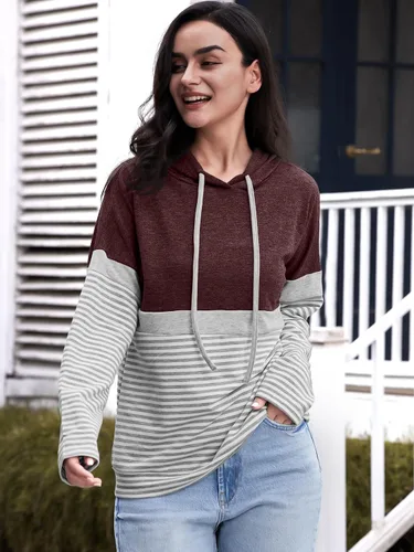 Vista 3 de Butgood Sudaderas con capucha de bloque de color para mujer, sudadera de manga larga, casual, con cordón, a rayas, túnica