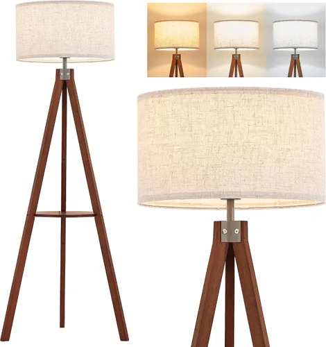 Vista 12 de ELYONA Lámpara de pie con trípode de madera estilo granja con mesa, lámpara de pie de lectura moderna con 3 temperaturas de color, bombilla LED