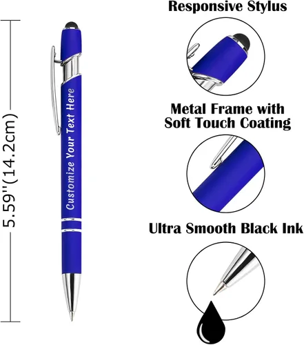 Vista 4 de Aolun Bolígrafos personalizados, bolígrafos con grabado personalizado con lápiz capacitivo, metal suave al tacto, nombre grabado, logotipo o Azul