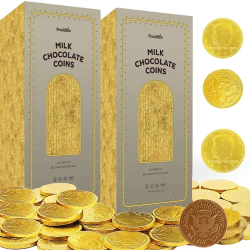 Vista 8 de Monedas de chocolate con leche, chocolate belga, sin nueces, diseño de bóveda