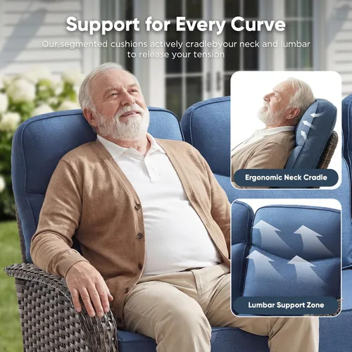 Vista 3 de HUMMUH Sofá de mimbre para patio al aire libre con otomanas, 3 piezas Marrón/Azul