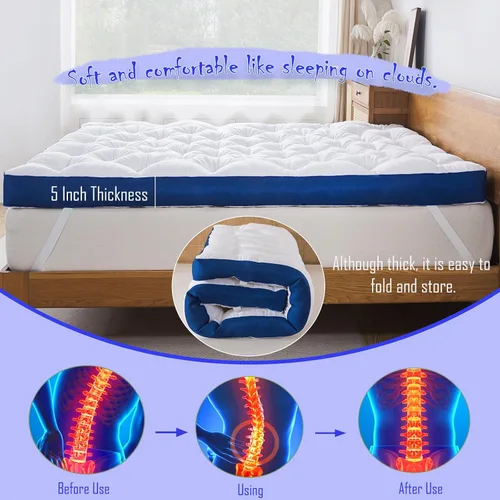 Vista 7 de WhatsBedding Cubrecolchón de espuma viscoelástica de 5 pulgadas para dolor de espalda, relleno de relleno suave y transpirable, cubrecolchón grueso