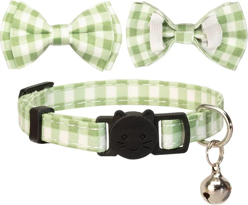 Vista 7 de Collar de gato con campana para niño y niña, pajarita de seguridad, a cuadros, color sólido, conjunto de regalo, lindo festivo, [2 piezas], verde