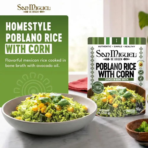 Vista 8 de San Miguel Microondas Poblano Arroz Maíz, 0.35 oz Proteína Arroz poblano con maíz • Caldo de huesos • Aceite de aguacate • 0.35 oz de proteína • Sin