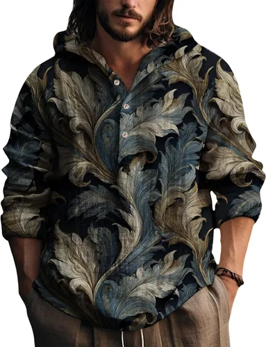 Vista 21 de Sudadera con capucha para hombre, con estampado de plumas, manga larga, 3 botones, a la moda, casual, para otoño, cómoda y suave