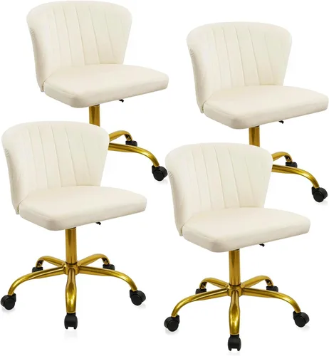 Vista 11 de CLATINA Silla de escritorio de terciopelo para el hogar con ruedas de base dorada, altura ajustable, tapizada, cómoda, ergonómica, sin brazos