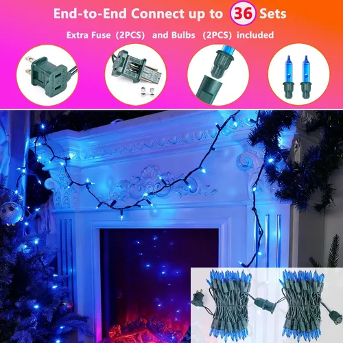Vista 5 de Joomer Luces LED de Navidad, 19.5 pies, 100 luces LED azules para árbol de Navidad, conectables, impermeables, mini tira de luces enchufables