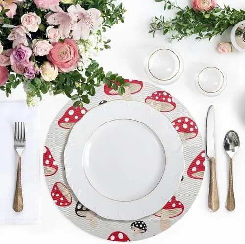 Vista 5 de Stylized Red Black Mushrooms Dinner Table Placemats, Non Slip Placemats Round Washable for Kitchen Table one sizex6