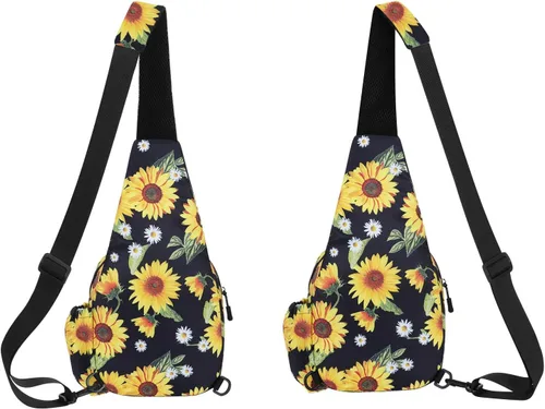 Vista 5 de HUA ANGEL Bolso bandolera floral Pequeña mochila cruzada para hombres y mujeres, senderismo, caminar, viajes, mini bolsa de pecho, Girasol