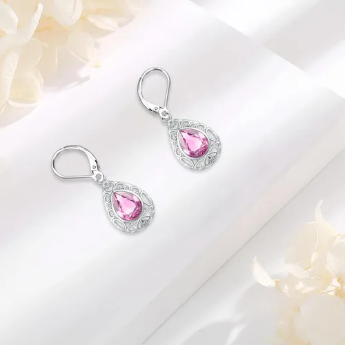 Vista 311 de Aretes colgantes de plata de ley con diseño de árbol de la vida, flor, abeja, animales, gato, colibrí, piedra lunar, turquesa, aretes con cierre