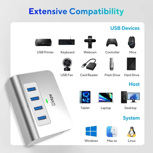 Vista 7 de Intpw Hub USB 3.0, concentrador de datos USB de aluminio de 4 puertos 3.0, adaptador multipuerto con cable de 3.3 pies, divisor USB para laptop