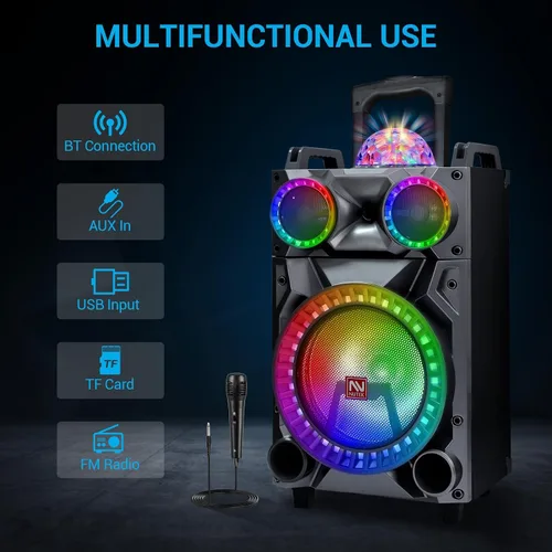 Vista 3 de Altavoz Bluetooth inalámbrico portátil de alta fidelidad con subwoofer de 12 pulgadas, sistema de megafonía con graves/agudos/REC/FM, máquina