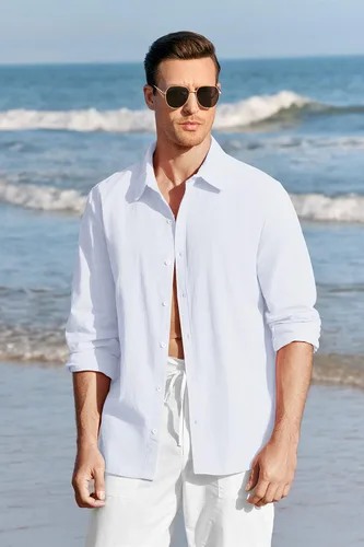Vista 4 de Camisas de manga larga con botones para hombre, de lino, para playa, casuales, de algodón, ligeras, para verano, 1 blanco