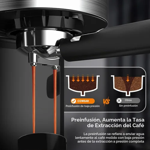 Vista 4 de COWSAR Máquina de café expreso comercial de 20 bares, cafetera compacta con espumador de leche, máquinas de café Expresso con tanque de agua