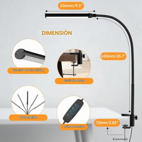 Vista 7 de Lámpara de escritorio LED ShineTech con abrazadera, 3000K Blanco Cálido, 11 niveles de brillo, luces de pinza para el cuidado de los ojos para hogar