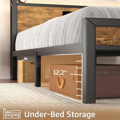Vista 7 de E-Motie Base de cama de tamaño matrimonial con luces LED y estación de carga, cabecera de almacenamiento de madera con estantes de 2 niveles