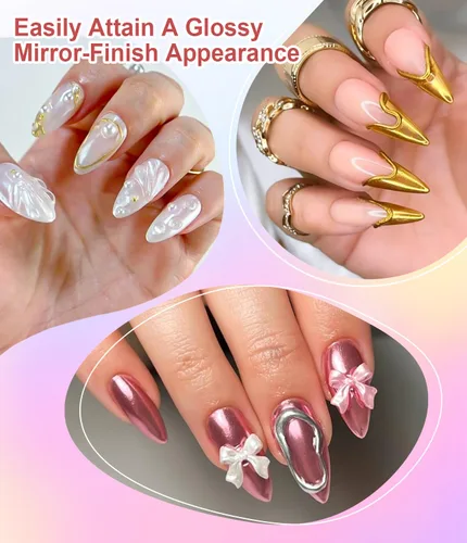 Vista 2 de Kit de polvo de uñas cromado y gel de uñas 3D BISHENGYF: 0.53 oz No Wipe 3D Sculpting Gel Aurora White Pearl Silver Gold Chrome Nail Powder