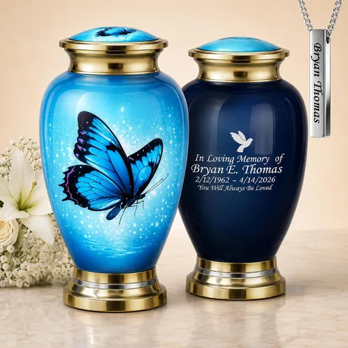 Vista 18 de Juego de 6 urnas de cremación decorativas personalizadas con diseño de mariposa azul para cenizas humanas, incluye 1 urna grande para cenizas