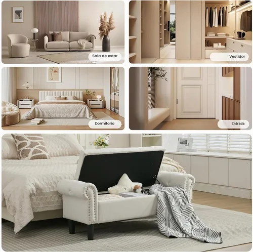 Vista 6 de SOFTHION Banco de almacenamiento de 50 pulgadas para dormitorio, tapizado de lino, beige