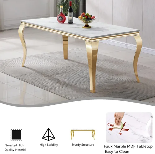 Vista 5 de Juego de 5 mesas de comedor de mármol sintético para 4 mesas de cocina de lujo de 68 pulgadas de oro blanco con 4 sillas tapizadas de terciopelo