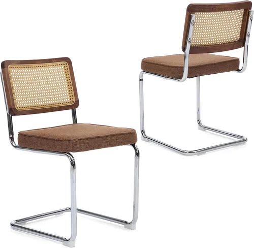 Vista 12 de Upholstered Velvet Dining Chairs Set of 2, Mid Century Modern Armless Upholstered Dining Chair with Rattan Back Stainless Chrome Frame for Dining