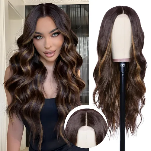 Vista 26 de NAYOO Peluca larga ondulada rubia ombré para mujer, de 26 pulgadas, parte media, rizada, ondulada, de aspecto natural, fibra sintética resistente al