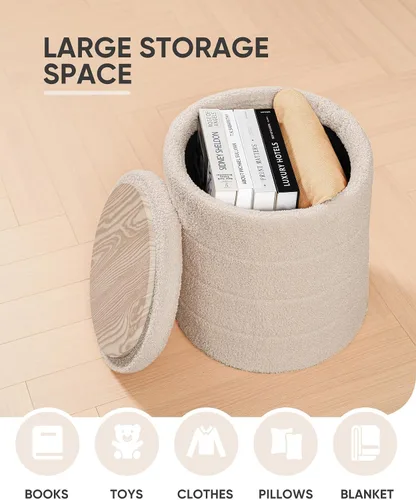 Vista 4 de B FSOBEIIALEO Otomana con Almacenamiento, Taburete Otomano de Almacenamiento Redondo Sherpa, Reposapiés Boucle 14.6"x14.6"x17.7" (Beige)