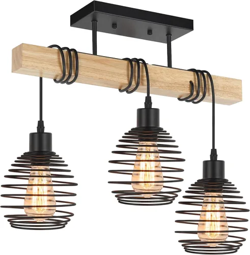 Vista 2 de Lámpara de techo de madera semiempotrada de 3 luces, lámpara de techo industrial para dormitorio, sala de estar, entrada