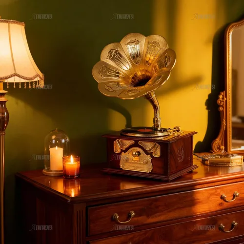 Vista 6 de AUEAR, Caja de música clásica de gramófono marrón para decoración de escritorio de mesa casera