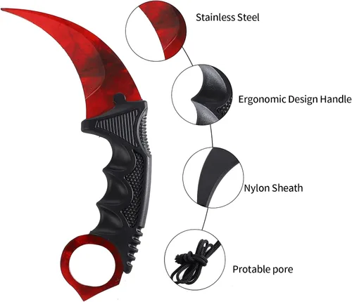Vista 6 de Cuchillo de entrenamiento Karambit rojo sin filo Karambit cuchillo de entrenamiento de práctica con funda para principiantes herramienta