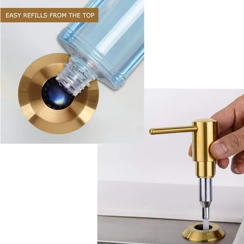 Vista 4 de Dispensador de jabón dorado para fregadero de cocina, dispensador de jabón integrado de latón, cabezal de bomba de oro cepillado, loción líquida