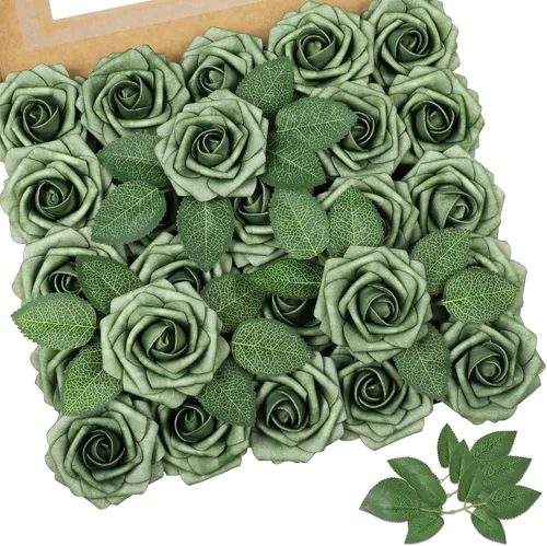 Vista 15 de AmyHomie 25 flores artificiales de aspecto real con tallo de rosa beige