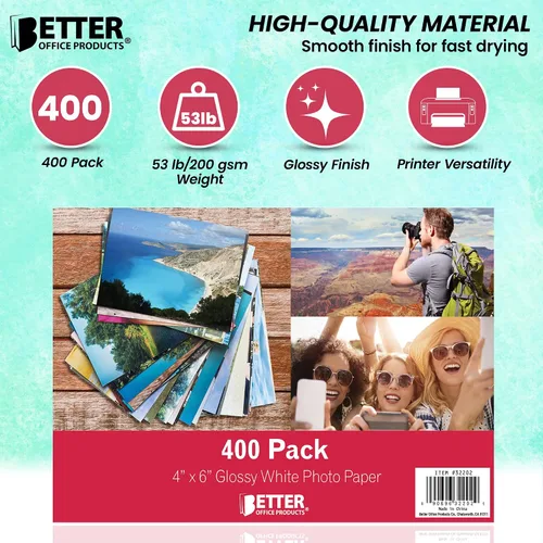 Vista 3 de Papel fotográfico brillante de alta calidad, 4 x 6 pulgadas, 400 hojas, 7.05 oz/m², mejores productos de oficina, 4 x 6, paquete de 400