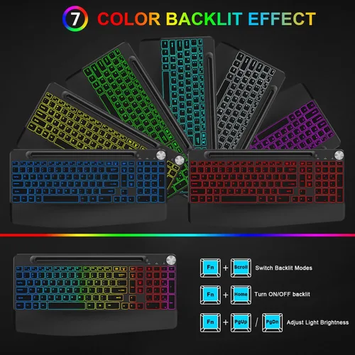 Vista 2 de BlueFinger Combo de teclado y mouse inalámbricos retroiluminados, teclado ergonómico recargable de 2.4 G con reposamuñecas, soporte para teléfono