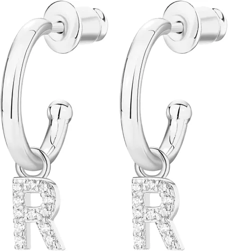 Vista 3 de PAVOI Aretes de plata de ley 925 chapados en oro de 14 quilates con inicial colgante, aretes de aro con inicial de circonita cúbica para mujer