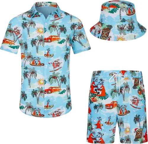 Vista 15 de EISHOPEER Conjunto hawaiano de flores para hombre, camisa de manga corta y pantalones cortos, trajes con sombreros de pescador
