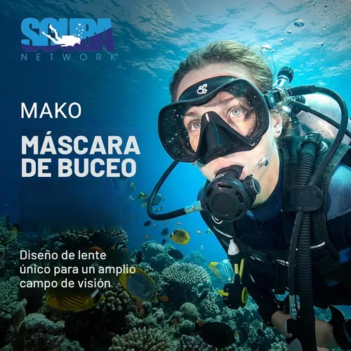 Vista 2 de Mako - Máscara de buceo, máscara de buceo de una sola lente, vidrio templado gran angular para esnórquel, buceo libre y natación, diseño de bajo