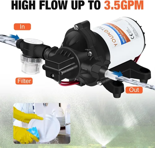 Vista 4 de YOUNGTREE Bomba de diafragma de agua de 12 V CC, 3.5 GPM, 45 PSI, bomba de presión de agua dulce autocebante de 12 voltios con interruptor