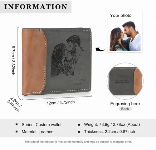 Vista 14 de Carteras personalizadas para hombres, cartera personalizada para hombre con imagen grabada y nombre, billetera delgada de cuero plegable, regalos