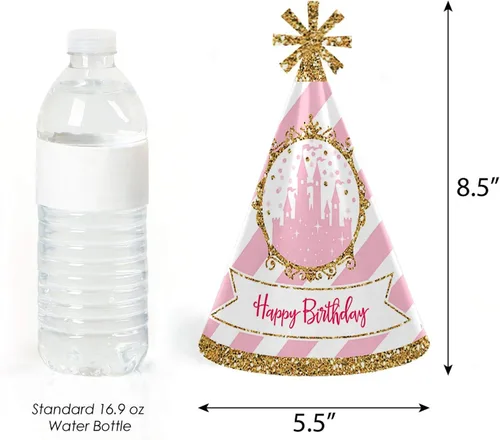 Vista 3 de Big Dot of Happiness Corona de princesita – Cono rosa y dorado princesa feliz cumpleaños sombreros para niños y adultos – Juego de 8