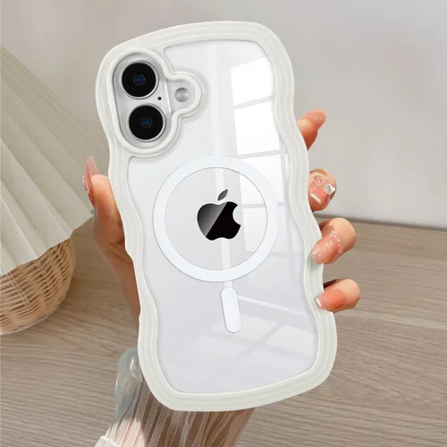 Vista 23 de QLTYPRI Funda magnética para iPhone 11 compatible con Magsafe, bonita funda transparente con marco de onda rizada para niñas y mujeres, parachoques