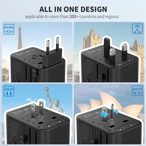 Vista 4 de EPICKA Adaptador de viaje universal, adaptador de enchufe internacional GaN con 3 USB-C de carga rápida PD de 70W y 2 USB-A todo en uno cargador