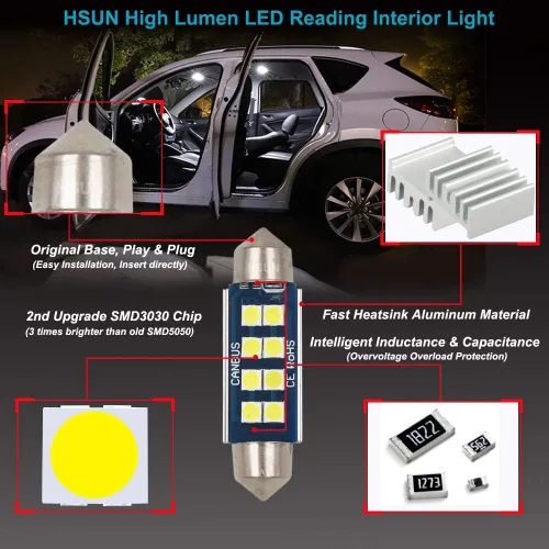 Vista 3 de HSUN Bombilla LED Festoon C5W de 1.65 pulgadas, 1.61 pulgadas, 6000 K, color blanco 6411 239 569 578 212-2 2112 212 212 214-2 con Canbus sin errores